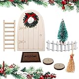 Weihnachten Wichteltür Zubehör Set, 9er Miniatur Deko Dänische Wichtel Tür Nissedor Puppenhaus 1/12 Holztür Weihnachtsbaum Dekokranz Holzleiter Besen Zaun Holzscheiben, Mini Garten Möbel O