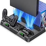 ULTIMATECOOL PS4 Standfuß mit Lüfter, All-in-One PS4 Vertical Stand Ständer Halter Lüfter für Playstation 4 Pro/Slim, PS4 Controller Ladesation für PS4/PS4 Slim/PS4 Pro Controller, 16 Spiel Lagerung