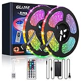 GLIME RGB LED Streifen 10M, LED Strip 300LEDs Lichtband 20 Farben Dimmbar LED Band mit 44 Tasten IR-Fernbedienung, 12V 5A Netzteil, Selbstklebend LED Stripes Kit 2x5M