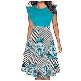 Damen Kleid ärmellos Boho Freizeitkleider Lady High Waist Front Kordelzug Wait Belt Midi Langer Rock Schmetterlingsärmel Rüsche mit Schmetterlingsprint Rundhals auf und ab g