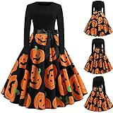 VICIKON Halloween Kleider Frauen Rundhals,Kürbis Kleider Langarm Cocktail Swing Rockabilly,Cocktailkleid Maxikleid Partykleid Ballkleid,Elegant Tunika Kleid,1950s Vintage Cocktail Schwing