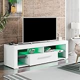 AMZOLNE TV Schrank mit LED Beleuchtung Hochglanz Lagerschrank mit Schubladen und offenen Regalen Lowboards Sideboards Wohnzimmer Schlafzimmer Hotel Gästezimmer Möbel Weiß