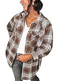 Yming Damen Flanell Karierte Hemden Langarm Freizeit Blusen Button-Down Hemden mit Taschen Übergroßer Mantel Kaffee L