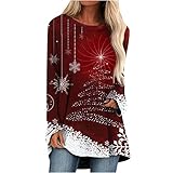 Weihnachten Geschenke Langarmshirt Damen Tunika Casual Lose Rundhals T-Shirt mit Weihnachts Bedruckt, O-Ausschnitt für Frauen, Lockere Blusen Oberteile Christmas Elegant Langen Shirt Long