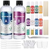 Orimath Epoxidharz Set Anfänger 500ml/17.6oz, Glasklar Kunstharz Gießen Epoxy Resin Gießharz Mit Epoxidharz Farbe, Glitzer, holzstäbchen, Handschuhe, messbecher, für Kunstprojekt, schmuckherstellung