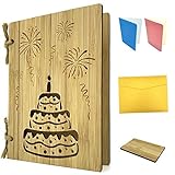 Grußkarte aus Holz als Geburtstagskarte & Einladung - Bambuskarte mit Torte & Feuerwerk ca. A6 Format - mit 2xEinlagepapier, Briefumschlag, Probestück