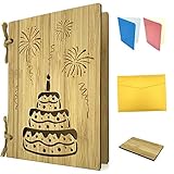 Grußkarte aus Holz als Geburtstagskarte & Einladung - Bambuskarte mit Torte & Feuerwerk ca. A6 Format - mit 2xEinlagepapier, Briefumschlag, Probestück