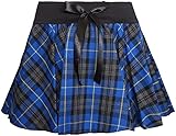 TrendyFashion Damen Minirock mit Schottenmuster und Schleife, 22,9 cm, elastischer Bund, plissierter Skaterrock, Blue Tartan, XL/XXL