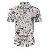 LRWEY Herren Sommer Hawaiihemden Sommer Mode Freizeit Kurzarm Shirts für Männer Revers Strand Hemd Lose Hemd Männer, weiß, M