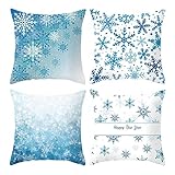 Daesar Kissenbezüge zu Weihnachten, Kissenbezüge 45x45 4er Set Schneeflocken Happy New Year Kissenhülle Polyester Modern für Sofa Bü