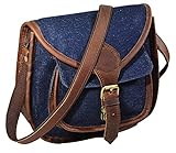 Erangle Crossbody Taschen für Damen – echtes Leder Vintage verstellbare Schulter Denim Tasche, Blau / Braun, Larg
