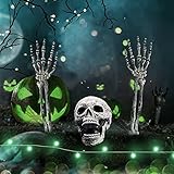 Halloween-Dekorations-Set, 4 PCS gefälschter Skelettkopf + Hände + grüne Lichterketten, realistische Skelett-bewegliche Dekoration, gruselige gefälschte Kopf Handknochen für Outdoor Halloween Party