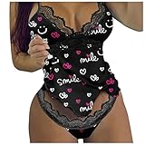 Healter Dessous Damen Unterwasche Sexy Spitze Nachtwäsche Pyjamas Set V-Ausschnitt Lingerie Valentinstag Motiv Drucken Nachthemd Cami Top mit T String Thongs Reizwäsche S
