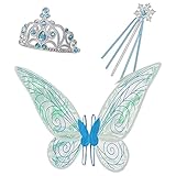 Mädchen Fairy Wings Crown Stirnband Schneeflocke Zauberstab Schmetterlinge für Halloween Kostüm Cosplay Dress up Geburtstag Dekorationen Fee Kostüm Zubehör Set für erwachsene Frauen Kinder T