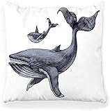 BONRI Dekorative Kissenbezug Quadrat 20x20 Big Whale Handzeichnung Vintage Gravur Gravierte Radierung Tier Aquatic Art Schwarz Blau Zeichnen Fisch Grafik Home Decor Reißverschluss Kissenbezug