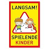 Achtung Kinder Schild (20x30 cm Kunststoff) - Warnschild spielende Kinder - Vorsicht Hier Spielen Kinder - Bitte langsam Fahren - 870211
