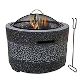 LYTBJ Outdoor Feuerschale & Grill Runde Form， ? 55 cm Einfassung aus MgO-Kunststein für Außenterrassen， Terrassendielen， Lavasteine， Große 3 in 1 Feuerstelle，Schwarz ()