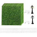 MEJOSER 9Pcs Miniatur Bank Zaun Kunstrasen Wiese Gras zum Basteln (15x15cm) Straßenlaterne als Gartenmöbel für Miniatur-Ornament Miniaturgarten Zubehör Set Mikrolandschaft Miniatur Garten Dek