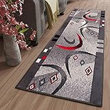TAPISO Dream Läufer Teppich Meterware Flur Brücke Modern Streifen Bumerang Grau Rot Schwarz Schlafzimmer Wohnzimmer ÖKOTEX 80 x 200