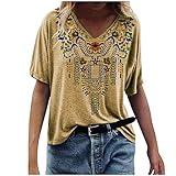 T Shirt Damen Lässiger ethnischer Druck für Damen, lockeres Kurzarm T-Shirt Oberteile Top Sommer T-Shirts mit Rundhalsausschnitt T-Shirts Kurzarm (DX104Yellow,S)
