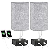 Nachttischlampe 2-er Set, Lovebay Tischlampe für Schlafzimmer, LED Stehlampe Tischleuchte mit Stoff Lampenschirm und 2 USB Schnellladung, Schöne Nachtlicht für Schlafzimmer, Wohnzimmer (Grau)