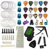 TTCR-II Gitarrenzubehör, 61 Pcs Gitarren Zubehör Set mit Gitarrenstimmgerät, Capo Gitarre,15 Gitarre Plektrum,3 Set Gitarrensaiten Akustikgitarre,5 Fingerpicks,4 Fingerkuppenschutz, Gitarren Aufkleb