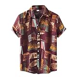 BIBOKAOKE Kurzarmhemden Herren, Leinenoptik Sommer Freizeithemden Geometrischer Druck Hawaii Hemd Basic Slim Fit Revers Henley Shirt Dünne Casual Männer T-Shirts Kurzarm Strandhemd Urlaub