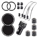 Auto Zubehör Glitzer Set, Glitzer Kristall Deko Bling Bling Car Accessories Usb Adapter + Silikon Untersetzer + Kopfstützen Haken, Bling Bling Auto Deko Innenraum Frauen Autozubehör (schwarz, 15PC)