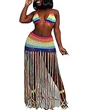 2-teiliges Badeanzug-Set für Damen, sexy Häkel-Bikini, BH, Oberteil und Quaste, Rock, Badeanzug, Strandkleid, Badeanzug, Regenbogenfarben, S