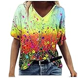 t-Shirt Einschulung Damen Drucken Pullover V-Ausschnitt 3/4 Ärmel T-Shirts Elegant Rundhals Top Casual Lose T-Shirt Große Größen Blusen Basic Leichtes Oberteil Langarmshirt S