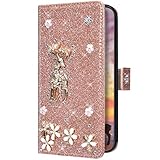 Uposao Kompatibel mit Samsung Galaxy S6 Edge Hülle Leder Handyhülle Glänzend Glitzer Bling Strass Diamant Blumen Tier Flip Case Schutzhülle Leder Tasche Klapphülle Kartenfach,Rose G