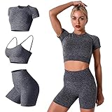 OBEEII Damen Yoga Sportanzüge Jogginganzug Trainingsanzug Sportanzüge 3 Stücke Set BH+Crop Top+Kurze Hose Fitness Jogginganzug Sportswear Set Für Laufen Gym Andere Aktivitäten Grau M