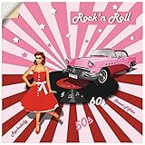 Artland Wandbild selbstklebend Vinylfolie 70x70 cm Wanddeko Wandtattoo Oldtimer Rockabilly Rock n Roll 50er Jahre Frau Pink Rosa T6HI