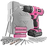 Hi-Spec 50-teiliges Akkubohrmaschinenset mit 12V Bohrer in Pink Rosa und den gebräuchlisten Holz, Metal und Steinbohraufsätzen in in praktischer Box für die Frau im Haus …