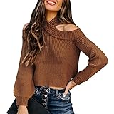 TYTUOO Mode Damen Casual Sweater Sexy Cold Shoulder Solid Jumper Strickwaren Strickpullover Bluse Herbst Winter Tunika Tops, A-Kaki, XL