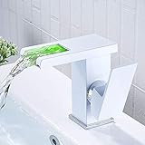 LED Wasserhahn Bad Waschtischarmatur Wasserfall Waschtisch Armatur Waschbeckenarmatur mit RGB 3 Farbewechsel Badarmatur Einhebelmischer für Badezimmer (Weiß)