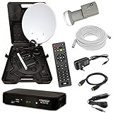 netshop 25 HD Camping Sat Anlage im Koffer 35cm Schüssel mit Digital Easy-Finder Single LNB 0,1dB mit 10m Kabel und HD Sat Receiver für 12 & 230 Volt für mobil SD und HD Empfang