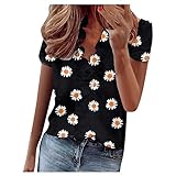 T Shirt Damen Ärmellose V-Ausschnitt Oversize Tunika Tops Rüschenkragen Oberteile Sommer Drucken Basic Elegant Sportshirt Hemd Bluse für Frauen Teenager M