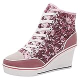 amropi Damen Wedges Hoher Absatz Schnüren High Top Pailletten Freizeit Sneaker (Pink,37 EU)