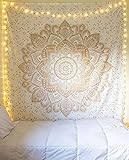 Indisch Psychedelic Wandteppich Mandala Metallic Gold weiß,Elefant Boho Wandtuch Hippie,Golden Boho Indischer weiss Wandbehang Tuch,Groß indien baumwolle Wand tucher (Gold Passion, 140 x 210 cm Twin)