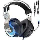 Gaming Headset für PS4/PS5/PC/Xbox One/Mac/Switch, Virtual 7.1 Surround Sound, 3.5mm USB Over-Ear Kopfhörer mit Noise Cancelling Mikrofon, LED-Licht (Silber)