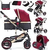 Daliya Bambimo 3in1 Kinderwagen Kombikinderwagen Riesenset 15-Teilig incl. Babywanne, Buggy, Babyschale mit Fußsack, Alu-Rahmen, Voll-Gummireifen, Wickeltasche, Kindertisch - Bordeaux-R