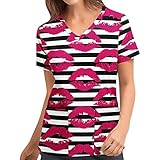 Valentinstag T-Shirt Liebesdruck Schlupfhemd Bluse Kurzarm V-Neck Tee Mischgewebe Kasack Frauen Damen Pflege mit Love Motiv Bunt Arzt Uniform Berufsbekleidung Krankenschwester Kleidung