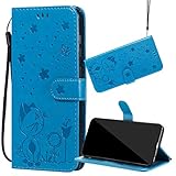 Yiizy Handyhüllen für Samsung Galaxy J3 (2016) / J320FN Tasche Leder, Katze & Biene PU Schale Brieftasche Schutzhülle für Galaxy J3 2016 Silikon Cover Hülle mit Kartenfächer (Blau)