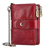 TEUEN Geldbörse Damen Klein Viele Fächer Damen Portemonnaie Frauen Leder mit Kette RFID Damengeldbeutel mit Münzfach Doppelreißverschluss Portmonee Damen Viele Kartenfächer Echtleder Wallet (Rot)