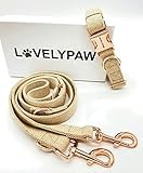 LovelyPaw Hundehalsband + Hundeleine 2m + Geschenkbox im Set, beige, roségoldene Applikationen, verstellbar (S/M)