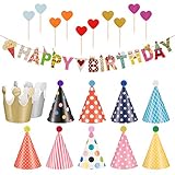 Phoetya Geburtstagsfeier Hüte und Banner Dekorationen, 11 Stück Geburtstagsfeier Hüte Schöne Party Kegel Hüte und 1 Stück Geburtstag Banner mit 10 Stück herzförmigen Kuchen eingeleg