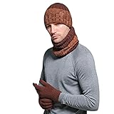 h 3-teiliges Mütze Schal und Handschuhen Set für Herren mit Fleece Gefüttert Beanie Strickmützen Loop Schal und Touchscreen Handschuhen Geschenk Set für Jugendliche (Braun)