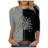 Komiseup Langarmshirt Damen Löwenzahn Print Herbst Winter Lange Ärmel Grafikdruck Basic Pullover Shirt Tunika Oversized Mode Lose Rundhals Long Sleeve Tshirt Bluse Oberteile für Teenager M