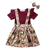 Baby T-Shirt Strap Kleid Weihnachten Outfits 2 Teile/Satz Kleinkind Mädchen Langarm Rüschen Top Overall Plaid Rock Kleidung Set (3-4 Jahre) (12-18 Monate, Khaki & Weinrot)